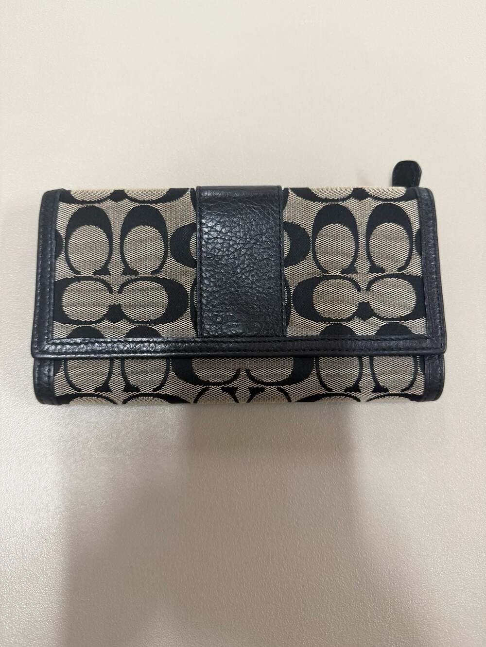 Coach Signature C Fabric Trifold Wallet Black Gray Leather Trim